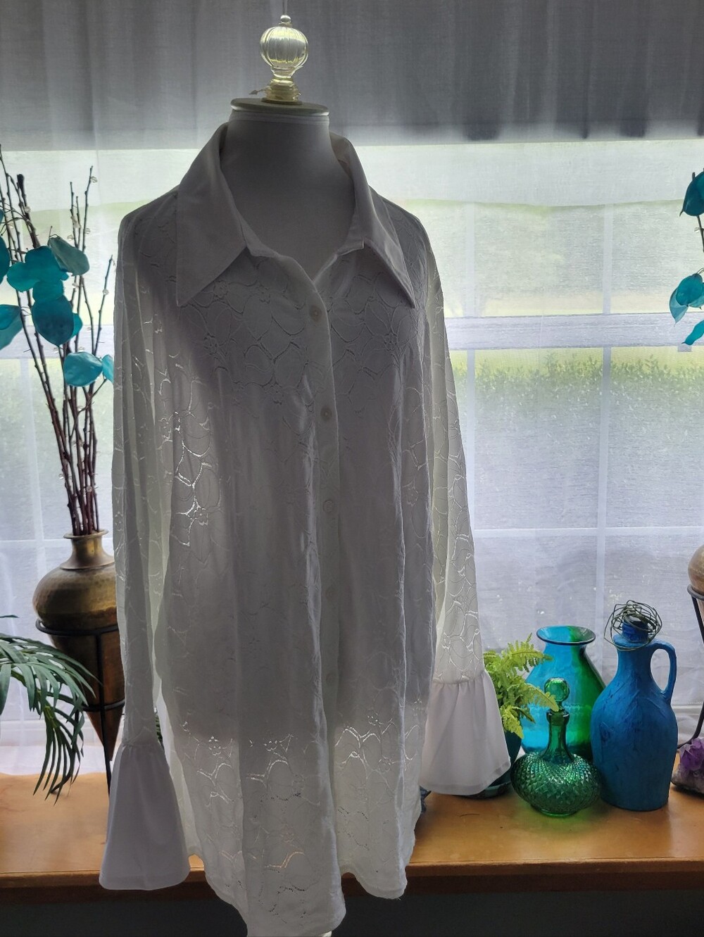 C. Wonder White Lace Button-Down Blouse with Flared Cuffs